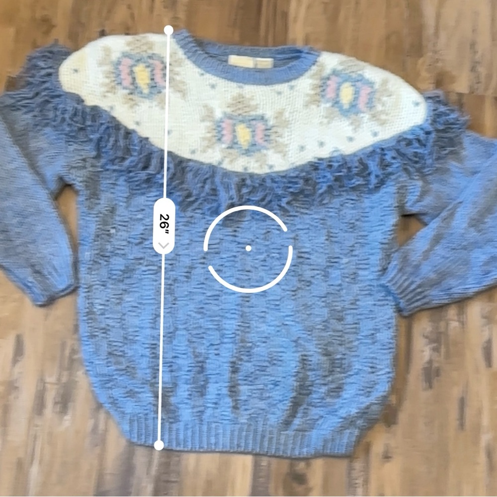 VTG 80s 90s Blue Floral Fringe Chunky Knit Sweater - Picture 7 of 8